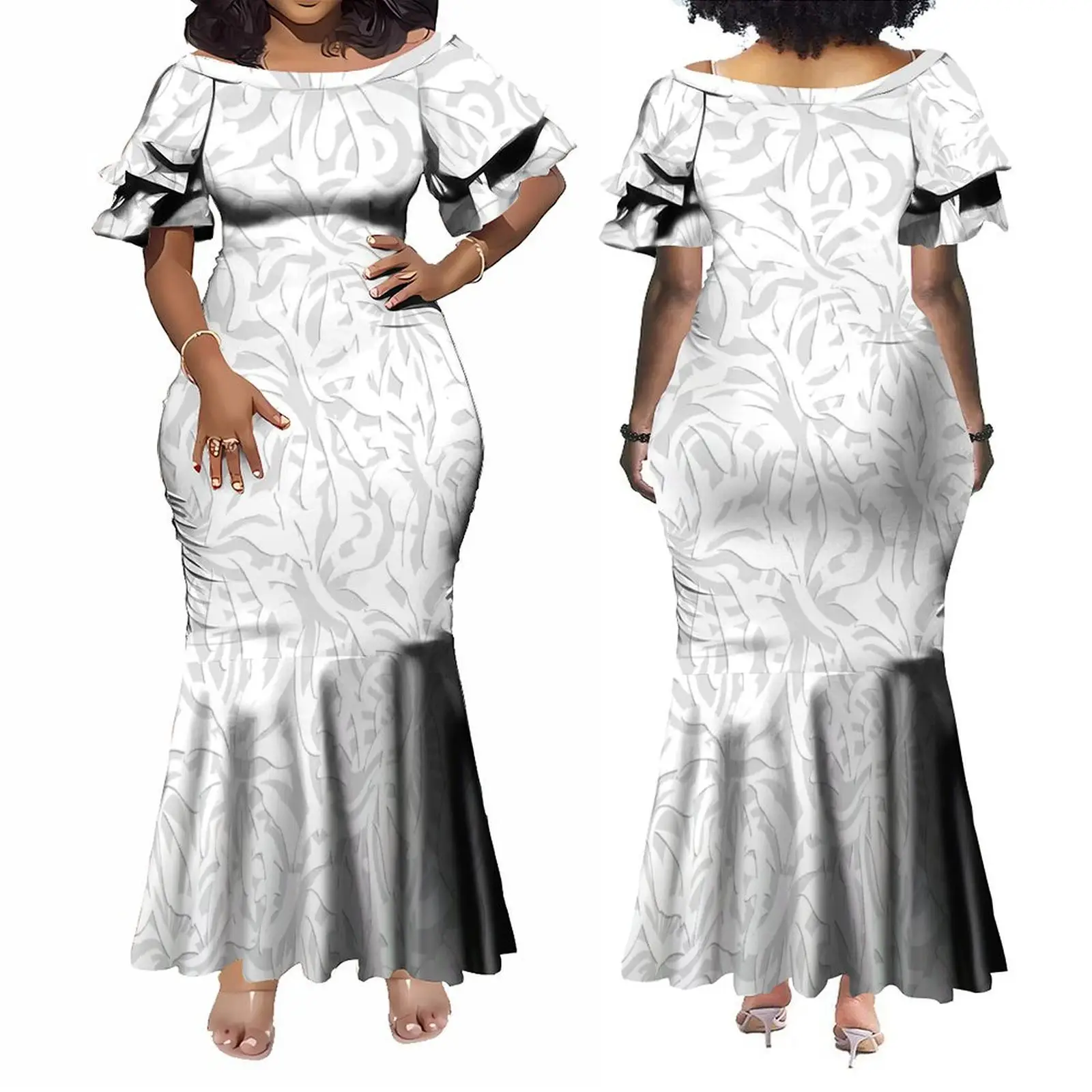 Di alta qualità Custom festa della mamma disegno bianco polinesiano tribale sirena abito da sera di grandi dimensioni manica a forma di petalo femminile abito Samoan