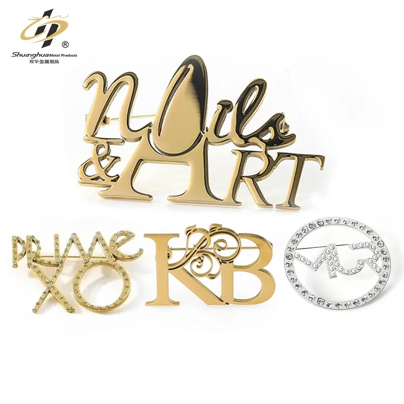 Custom 3d Women Men Lapel Pin Rhinestone Metal Brooch Stainless Steel Shiny Gold Silver Name Letters Brooch