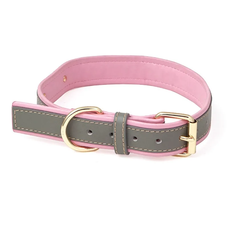Coleira de cachorro luxuosa personalizada com logotipo a laser rosa, couro de vaca genuíno para uso pesado, coleira tática personalizada para cães grandes