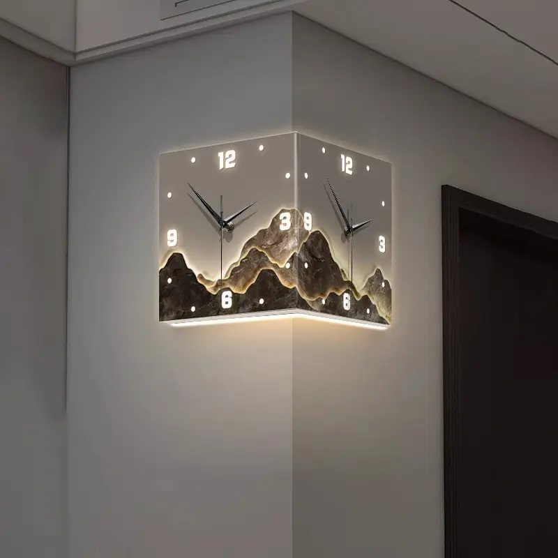 Reloj de esquina con luz LED 3D, sala de estar cuadrada, Reloj simple de doble cara, reloj colgante de doble cara ahuecado digital de hierro