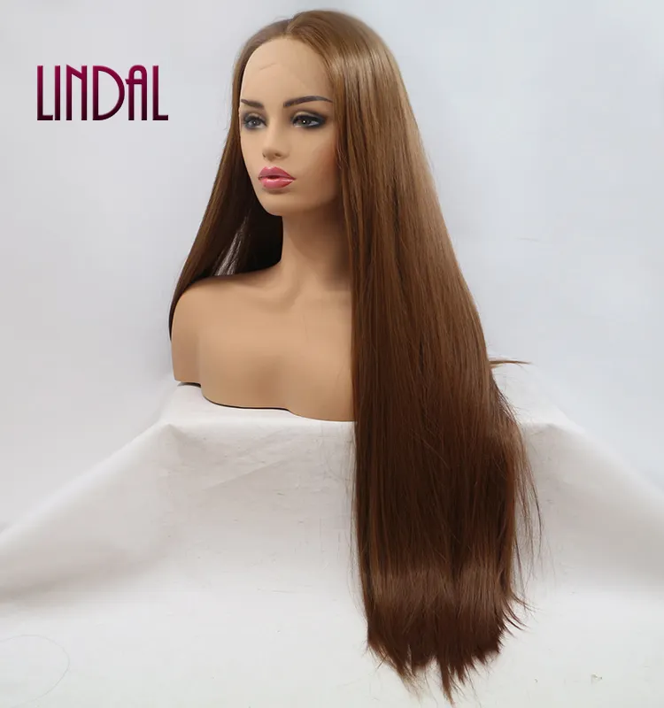 LINDALHAIR สีน้ําตาลสังเคราะห์ยาวตรงฟรีส่วนวิกผมลูกไม้ด้านหน้าทนความร้อนเส้นใยธรรมชาติแต่งหน้าวิกผมลูกไม้