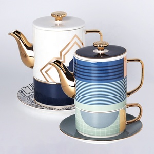 Jarras陶瓷奢华镀金线条图案定制石器欧式茶壶 + 杯碟茶具一体 - Product Image 1