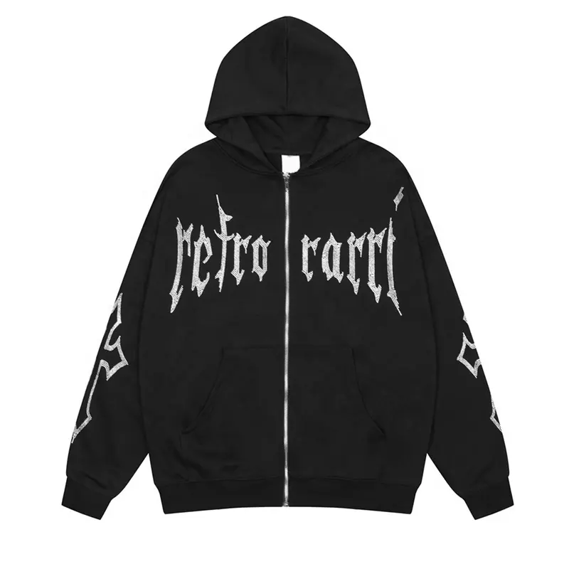 Erkek kalite düz Hoodie üreticileri % 100% pamuk boy Streetwear Unisex boş özel Logo Rhinestone tam Zip Up ceket