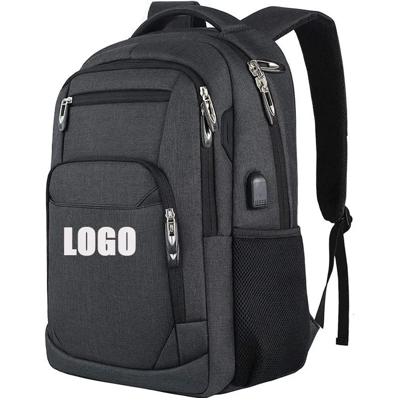 Mochila de poliéster con logotipo personalizado para ordenador portátil, Mochila deportiva para viajes de negocios con puerto de carga USB, mochila impermeable para portátil