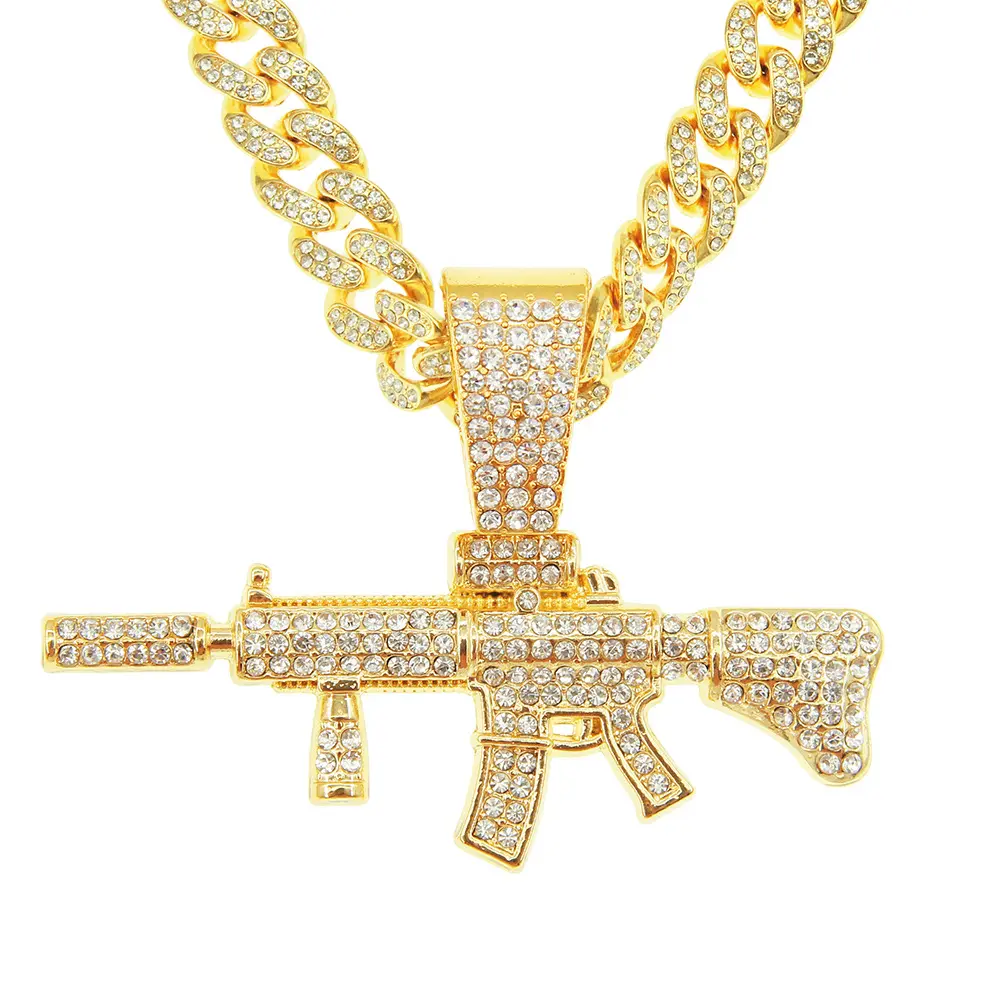 Hip Hop Herren Damen AK47 Submachine Pistole Anhänger Halskette Gold Silber Farbe Eiskristall kubanische Gliederkette Halsketten Schmuck