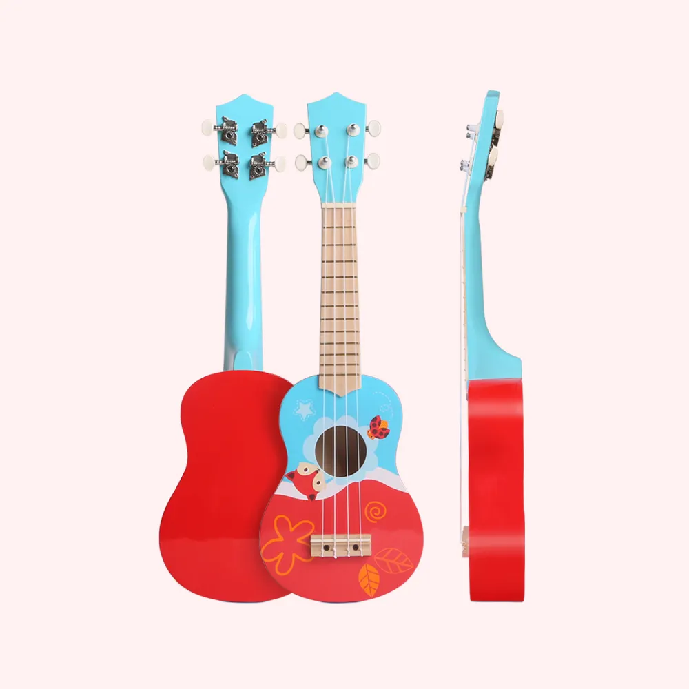 21 inç 4 dize sevimli karikatür çocuklar ahşap enstrüman gitar dört dizeleri çocuklar oyuncak seti Ukulele