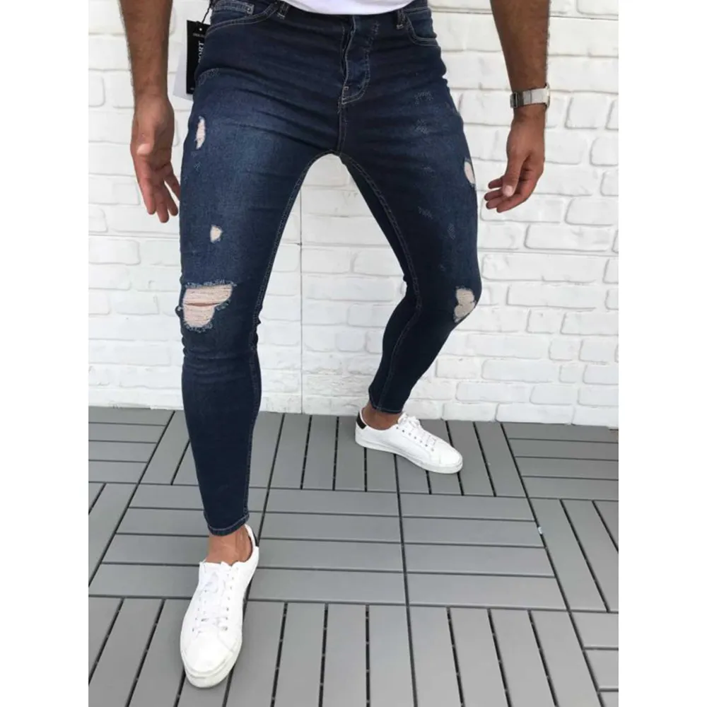 Venta al por mayor de jeans denim mano usado estirable ripped skinny jeans para hombres