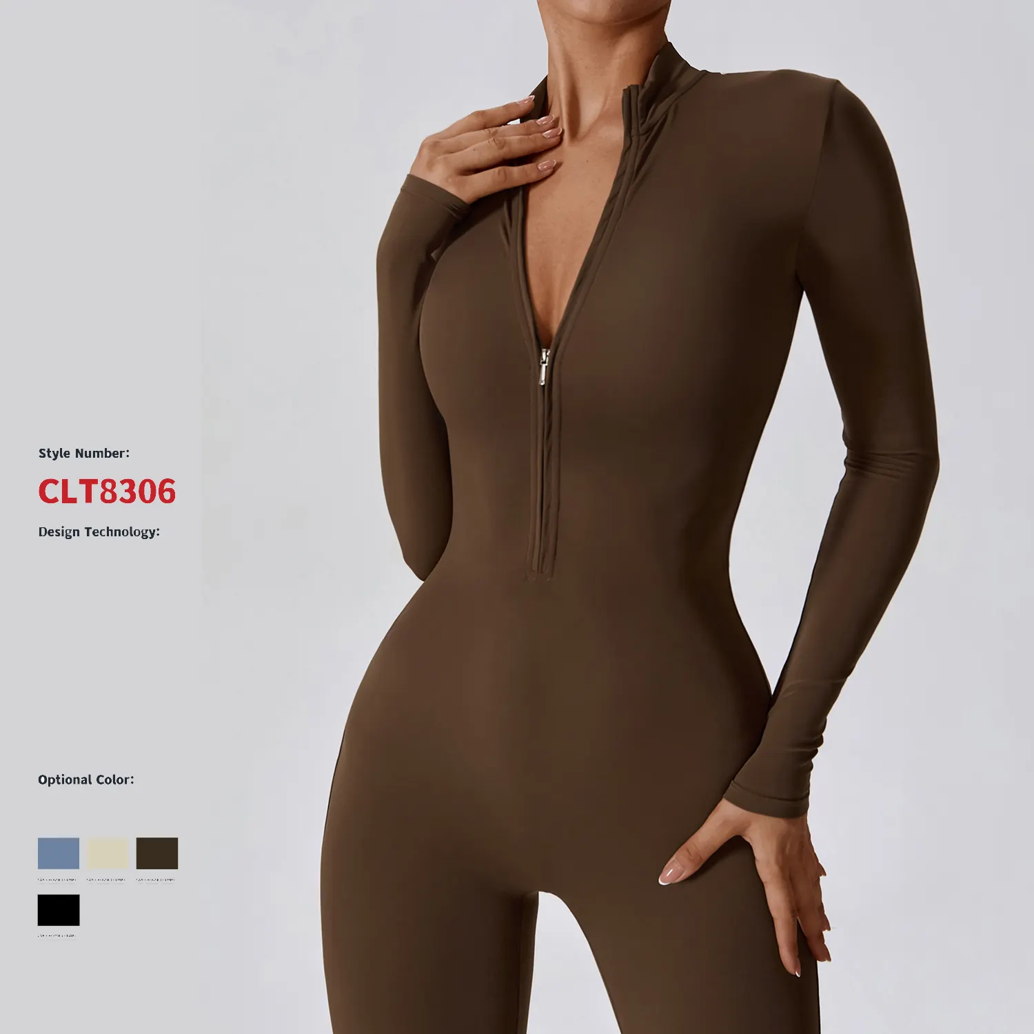 CLT8306 Womens One Piece Long Sleeve Bodysuit Zip Up Yoga Sport Workout activewear yoga gym wear Wholesale