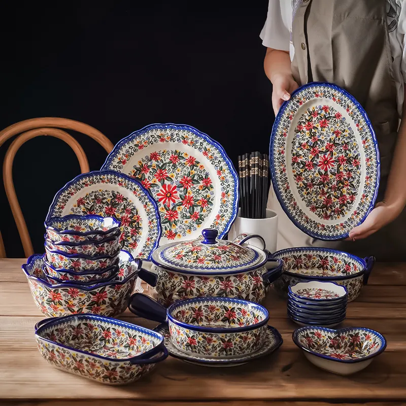 Service de table à fleurs de pologne, assiette de vaisselle peinte à la main et bol à soupe avec couvercle ensemble complet de vaisselle
