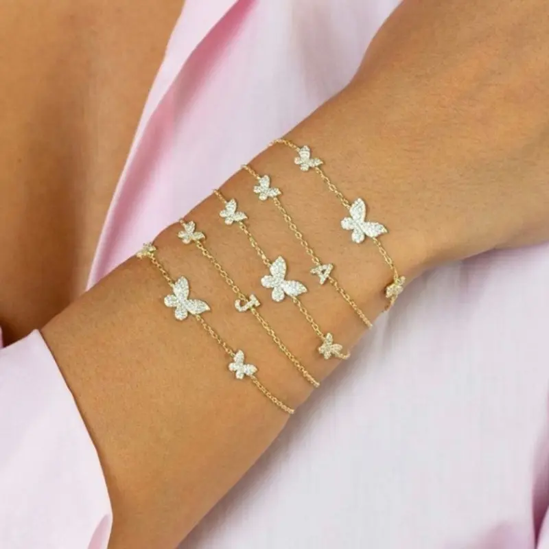18K Gold Plated Links Chain Animal Bracelet Adjustable Micro Pave Cubic Cz Bling Zircon Butterfly Charm Bracelet