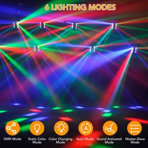 Mini Luz de araña LED 8x3W RGBW luz con cabezal móvil sonido activado Control de <span class=keywords><strong>DMX</strong></span>-512 iluminación de haz estroboscópico para Ktv Disco Parites DJ