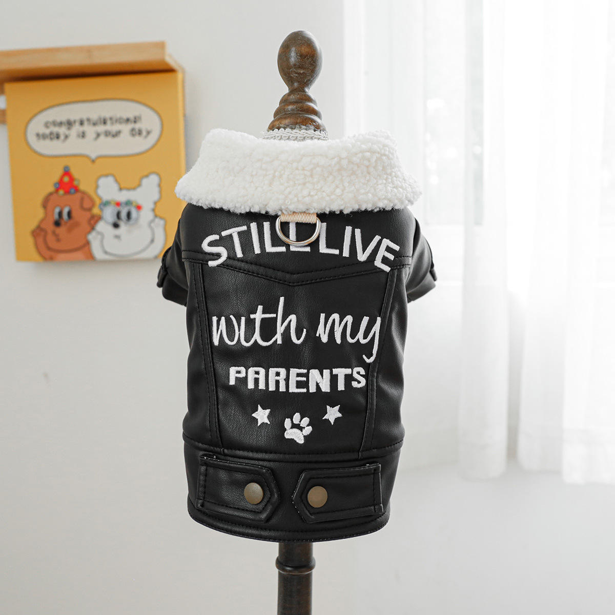 เสื้อแจ็คเก็ตหนังบุผ้าฝ้ายตัวใหญ่-สีดำ