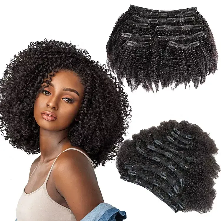 Extensión personalizada barata, extensiones de cabello humano remy virgen brasileño afro rizado con clip en 100%