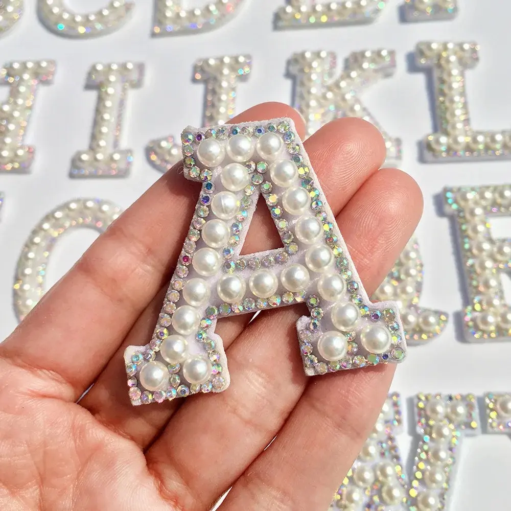 Cheaper price iron on pearl rhinestone words alphabet 3D letter patches applique for clothe hat bag