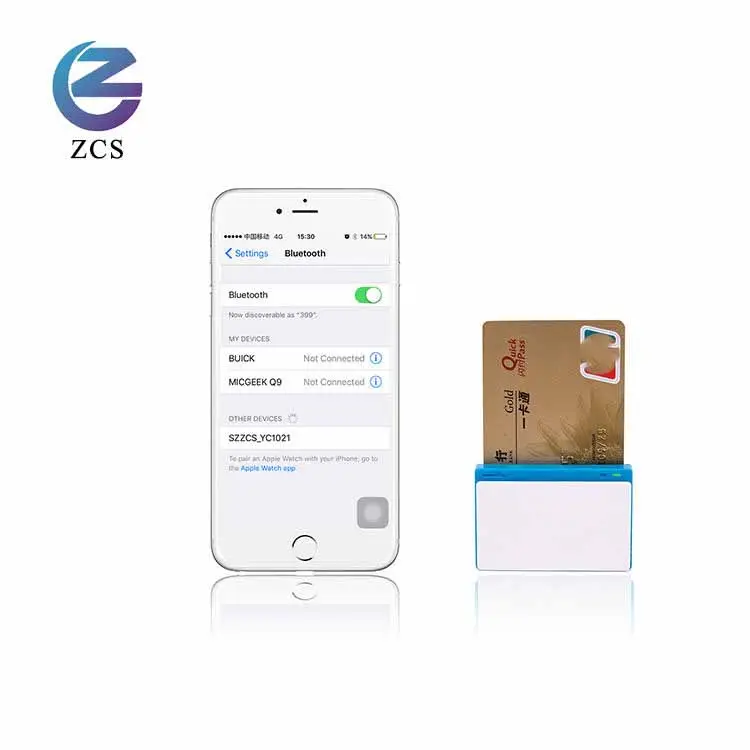 휴대용 미니 블루투스 카드 리더 13.56 백만헤르쯔 자기 스트라이프 RFID 리더 NFC 리더 작가 ZCS01