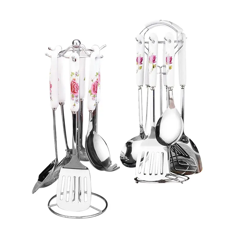 Venda quente Rose Flor Porcelana Handle Aço Inoxidável Casa Espátula Sopa Colher Conjunto De Utensílios De Cozinha