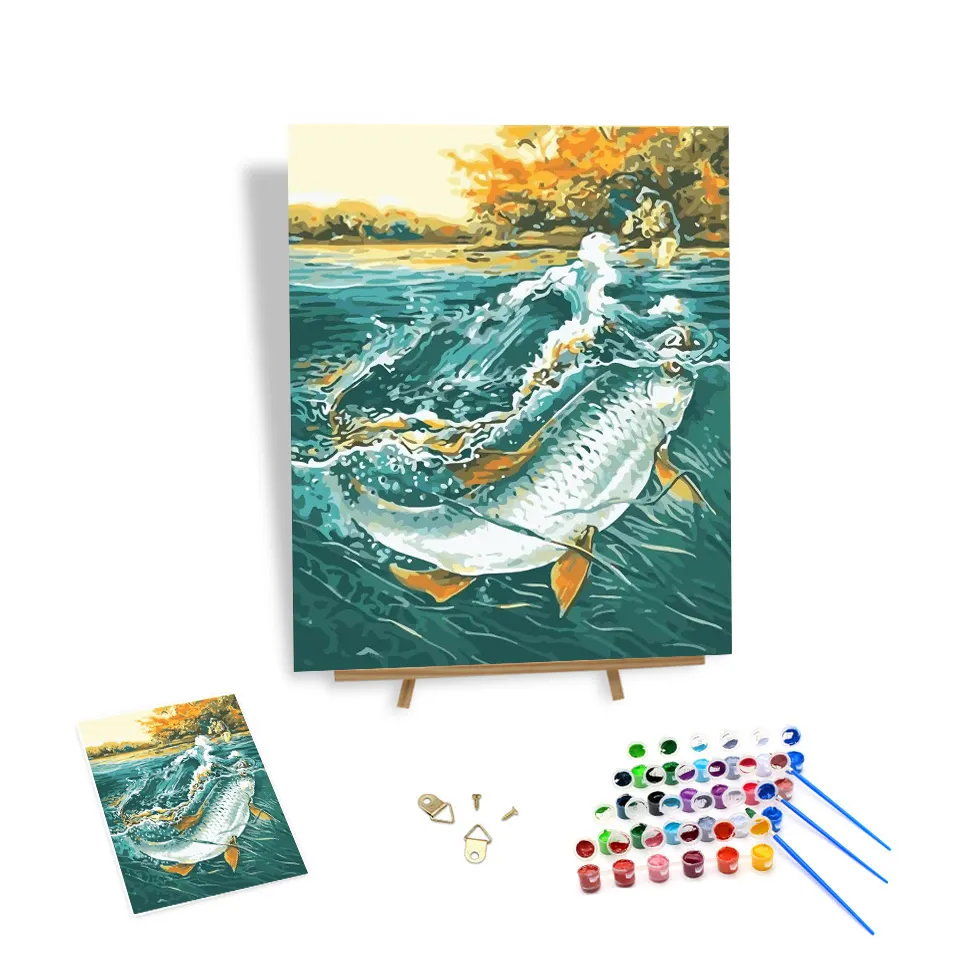 Pintura de peces grandes por números en lienzo enmarcado pintura al óleo pintada a mano por números Kits arte decoración del hogar