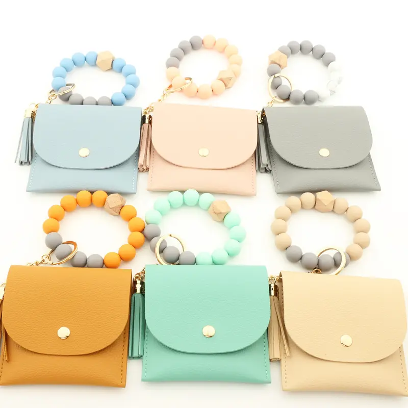 Wholesale Funky Women Pu Leather Wristlet Wallet Food Grade Silicone Beads Keychain Business Card Holder