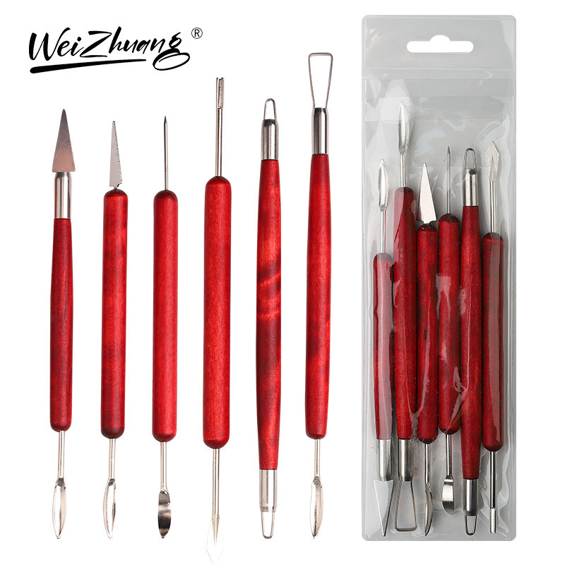 Ensemble d'outils en argile en bois rouge, 6 pièces