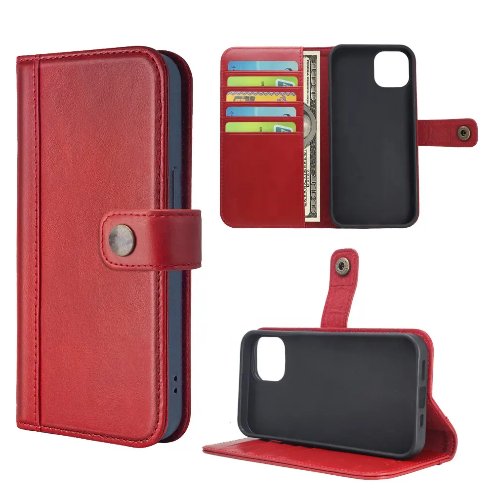 Étui pour téléphone portable de luxe, en cuir véritable de vache rouge, pochette multi-cartes, pour iphone 13