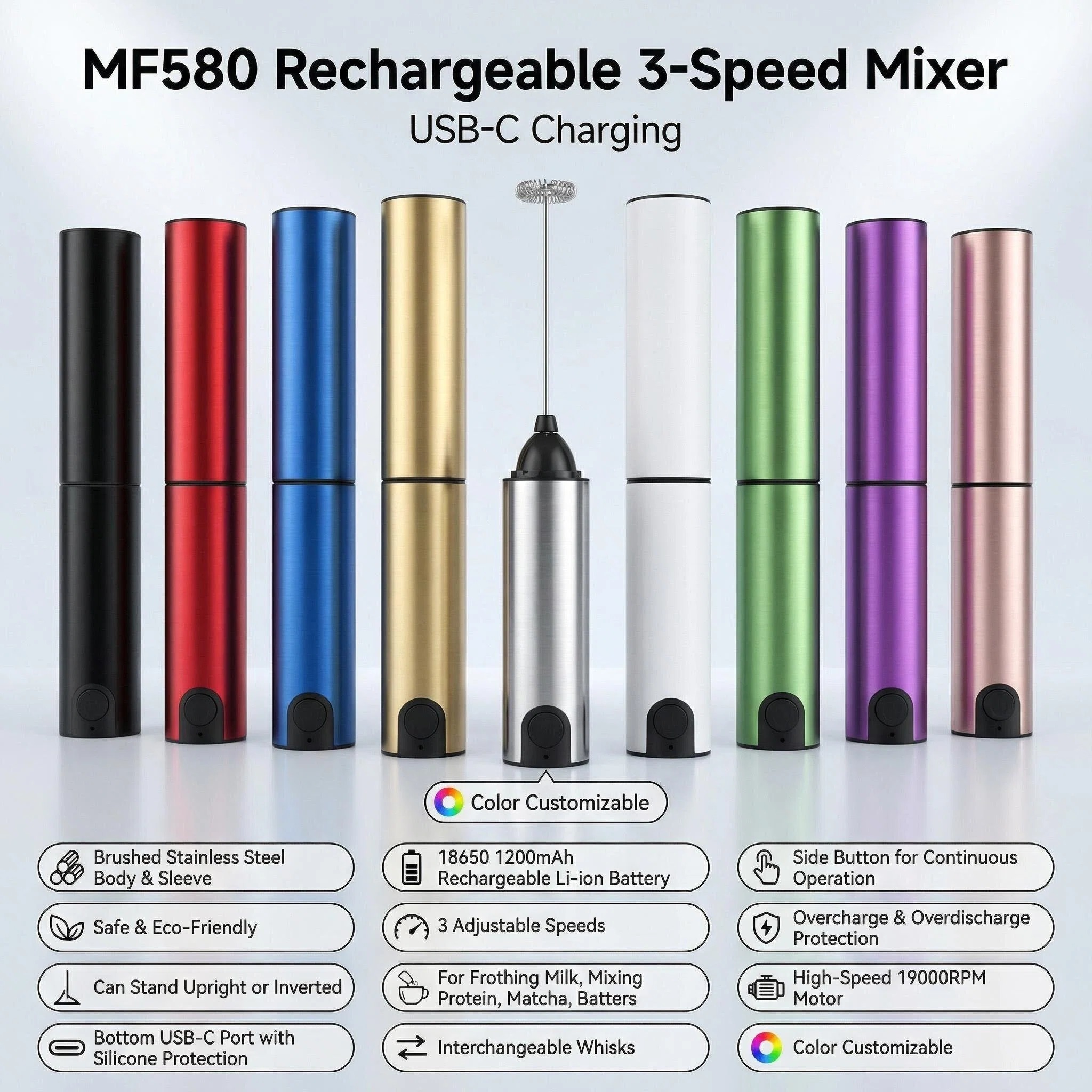 MF580: Rechargeable 3-Speed Mixer With Stand - USB-C Charging