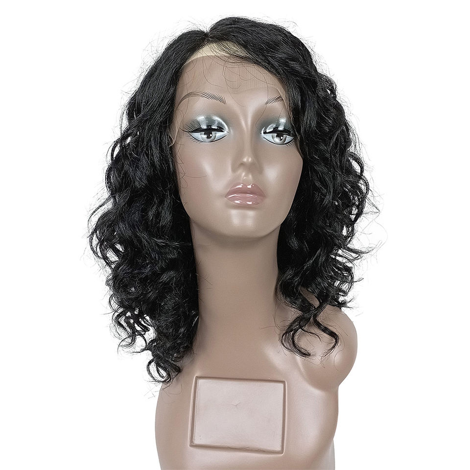 Machine-Made 12-Inch Medium Length Lace Bob Bangs Loose Style Remy Brazilian Full Wig for Women Loose Wave Curly Wig