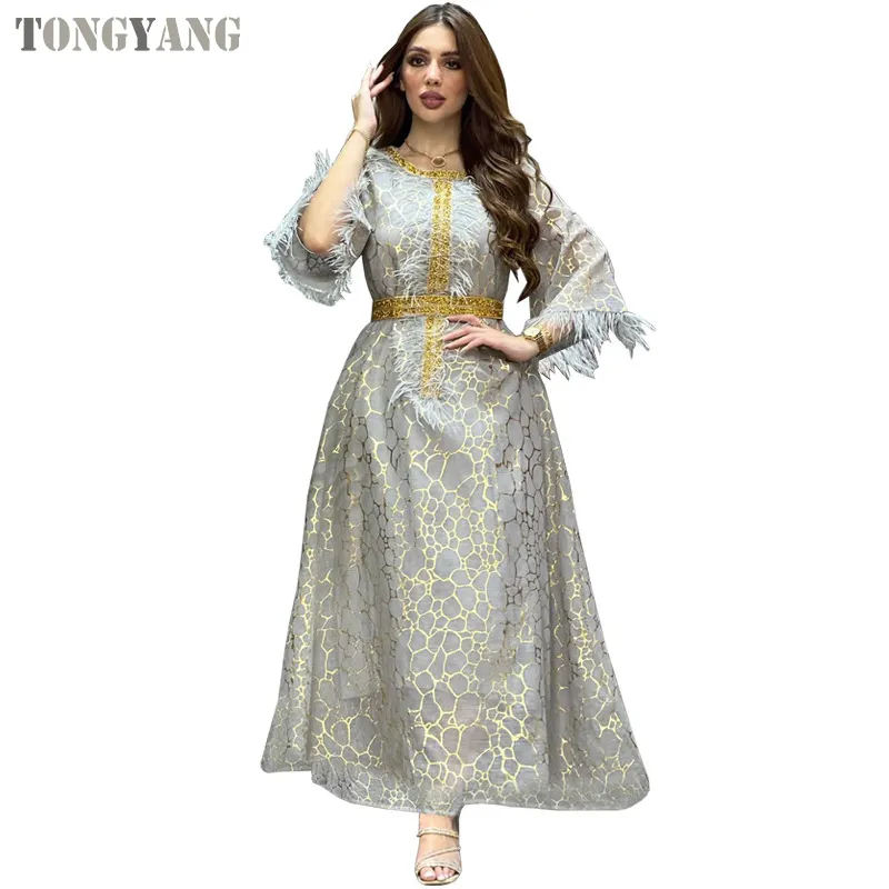 TONGYANG-vestidos de fiesta de boda, cinta árabe, marroquí, Jalabiya, estampado dorado de malla, diamantes de imitación, plumas, Gulf Abayas, Dubái, Turquía, 2023