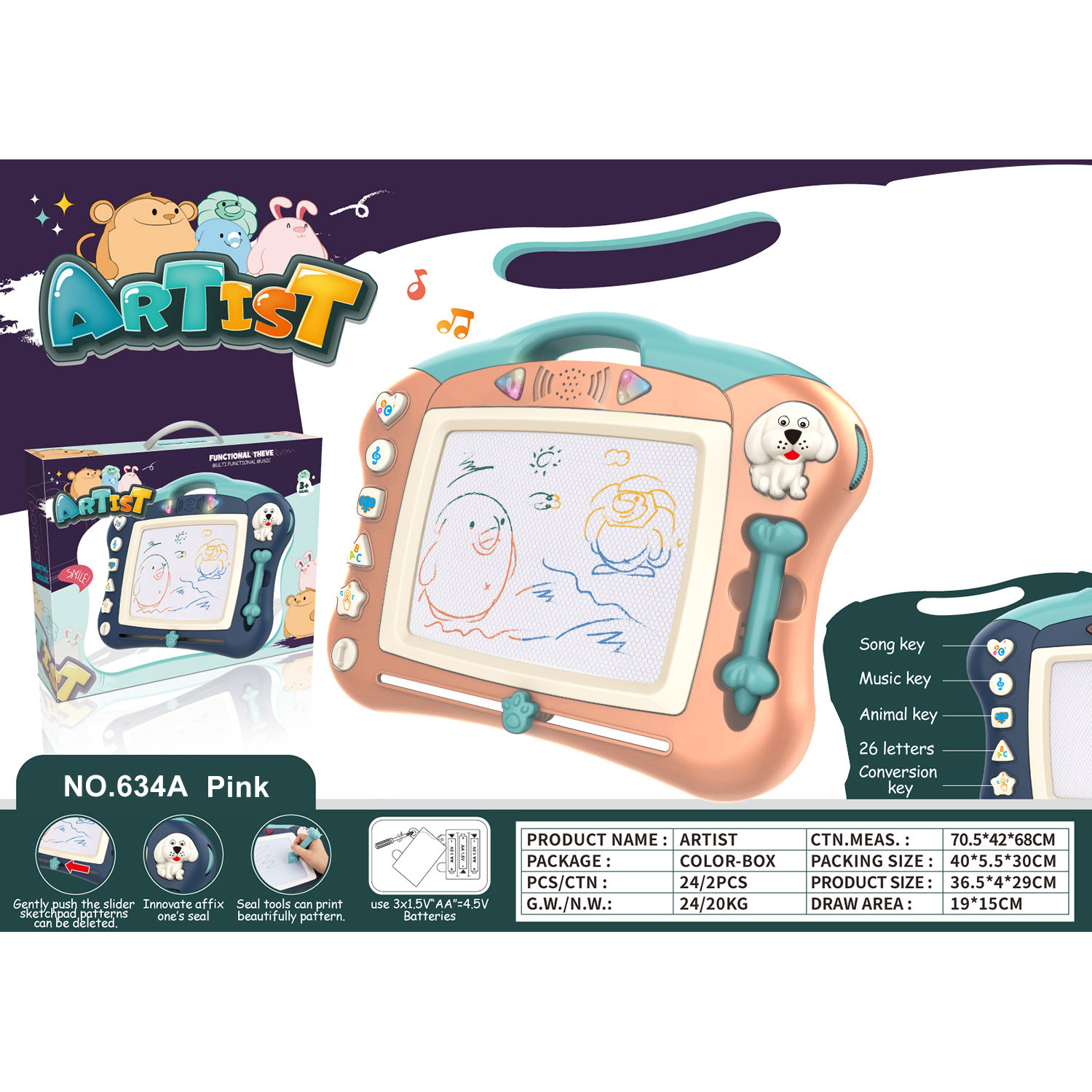 Pink magnetic drawing board with English lettering box