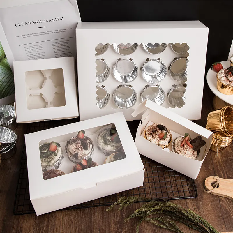 Boîte à cupcakes avec fenêtre, boîtes en papier kraft blanc brun, boîte à Mousse de Dessert, porte-gâteaux 12 tasses, grossistes personnalisés