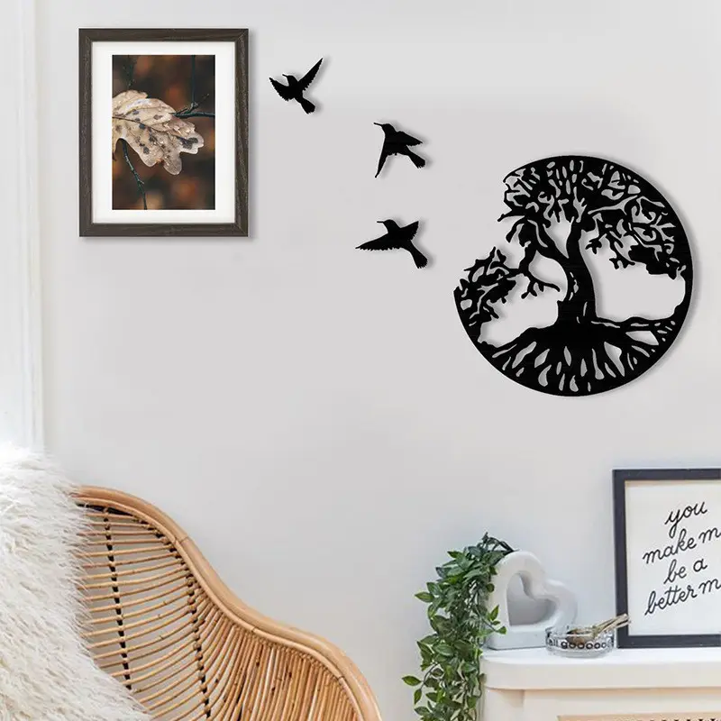 Kim loại tường nghệ thuật trang trí nhà cây của cuộc sống ba con chim trang trí tường trong nhà treo