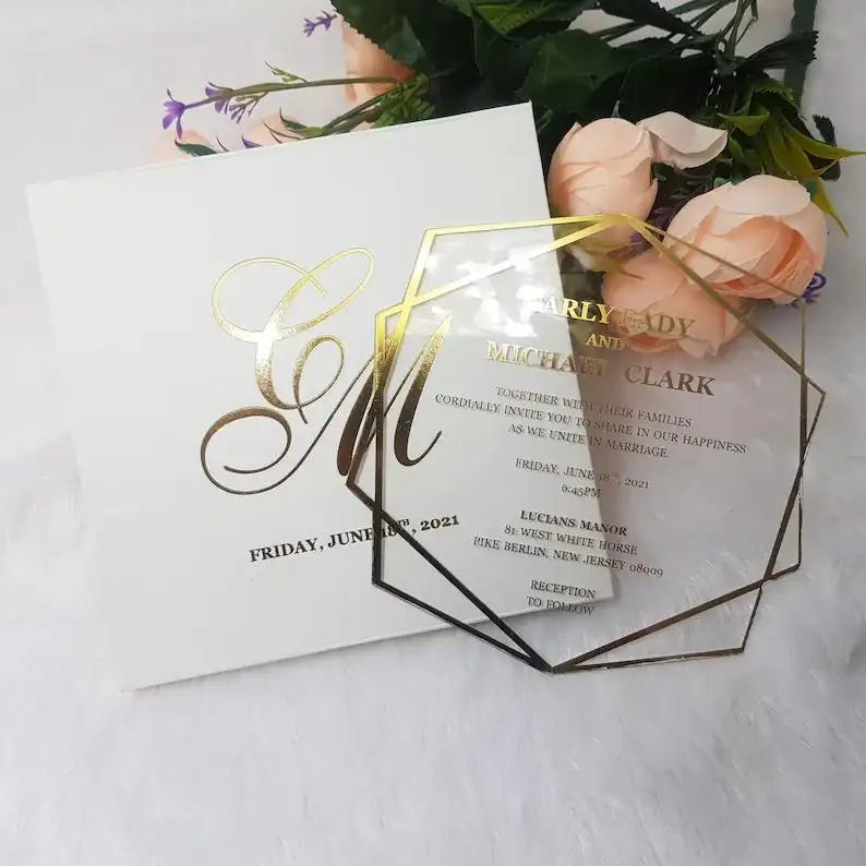 Tarjeta de invitación para boda, papel de aluminio dorado personalizado, transparente, acrílica, con caja