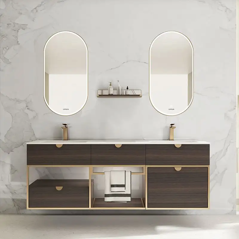 Tocador de baño de madera sólida de estilo europeo moderno, Unidad de armario de madera, doble lavabo, envío directo