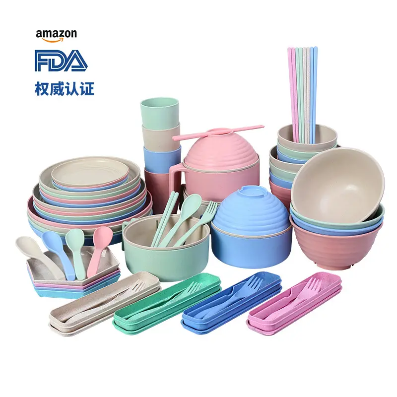 Ensemble de vaisselle Portable en paille de blé, assiette ménagère en os, assiette ronde et carrée, tasse à eau, bol à riz, baguettes, cuillère, couverts