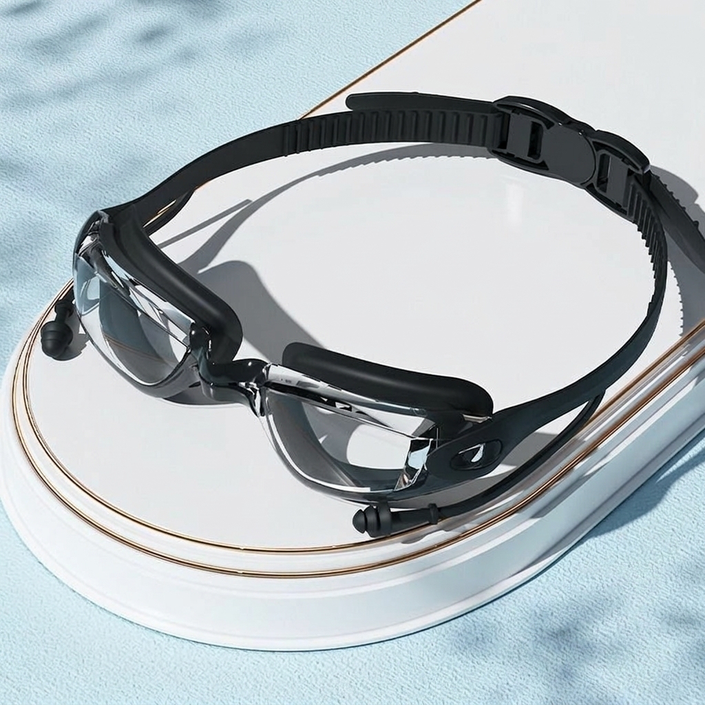 Custodia a specchio Plain-ultra-nera con clip per naso e tappi per le orecchie integrati