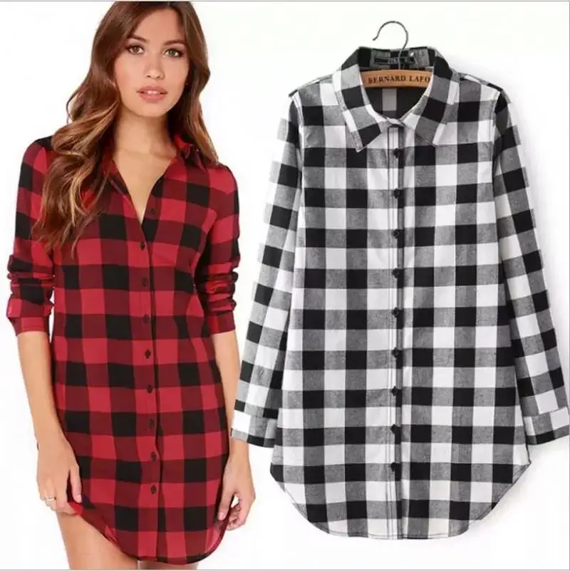 Wholesale Newly Factory Manufacturer Women Shirt Dress Plaid Long Sleeve Lapel Button Long Ladies Tops Blouse Shirt