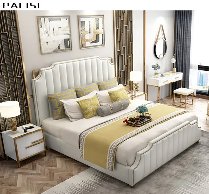 Sıcak satış lüks yumuşak yatak takımı altın çerçeve döşemeli modern deri yatak kraliçe boyutu yüksek başlık postmodern otel kral yatak