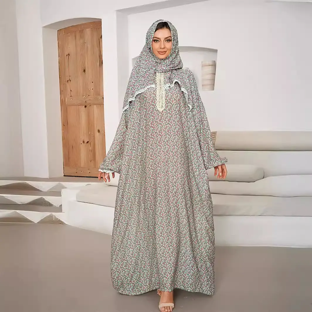 Geleneksel mütevazı Abaya arap jiislam Islam çiçek kaftan elbise kadınlar büyük kızlar müslüman başörtüsü elbise Robe artı boyutu yapılan Polyester