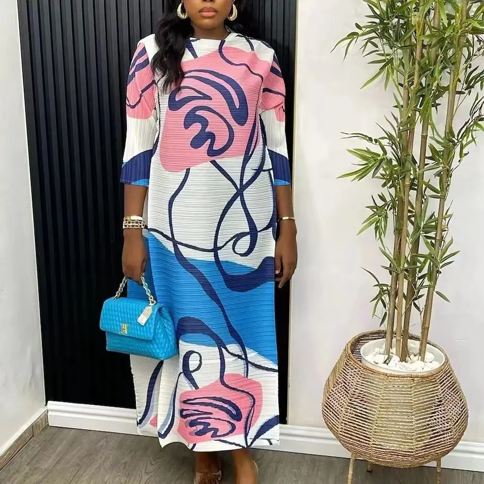 Sheen de alta qualidade para mulheres, moda feminina estampada plissada plus size, vestidos casuais Miyake desenhos africanos em chiffon, mais recentes para meninas