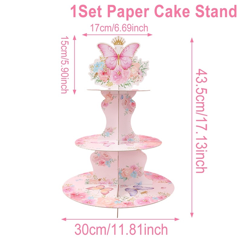 WHITE - pink butterfly cake stand 1 set