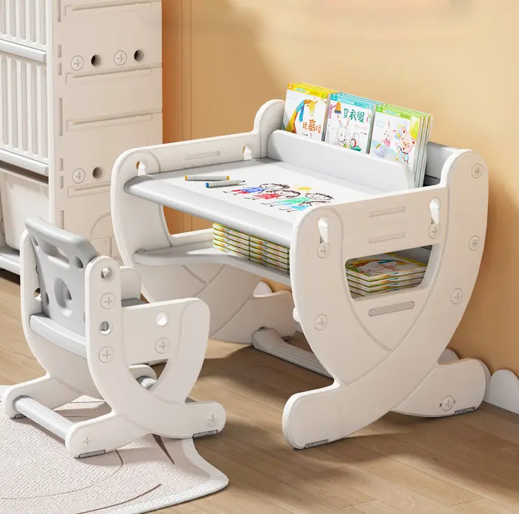 Mesa y silla de bebé de gran tamaño, juego de muebles de guardería para niños, mesas y sillas de aprendizaje con pizarra blanca de plástico