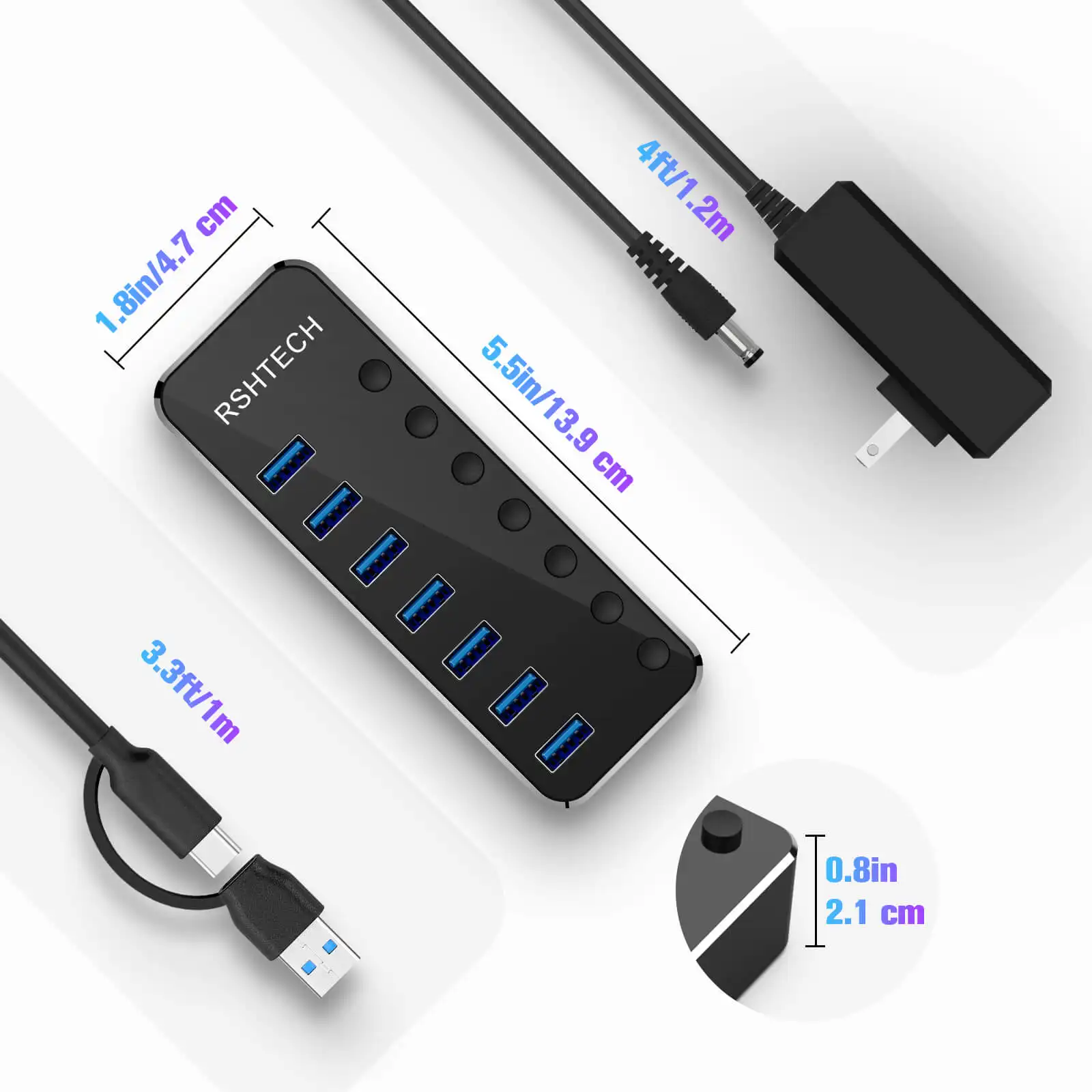 RSHTECH 7 in 1 Typ C Hub mit DC 5V/3A Netzteil 5 Gbit/s USB C Adapter USB 3.0 Hub Tragbar für Laptop Macbook Pro