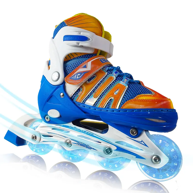 Patines profesionales en línea ajustables para niños, calzado de Patinaje con ruedas intermitentes azules