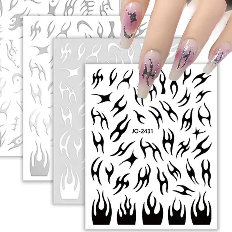 Nouveau Design Irrégulier Argent Noir Blanc Flamme 3d Nail Stickers Diy Professionnel Nail Art Stickers