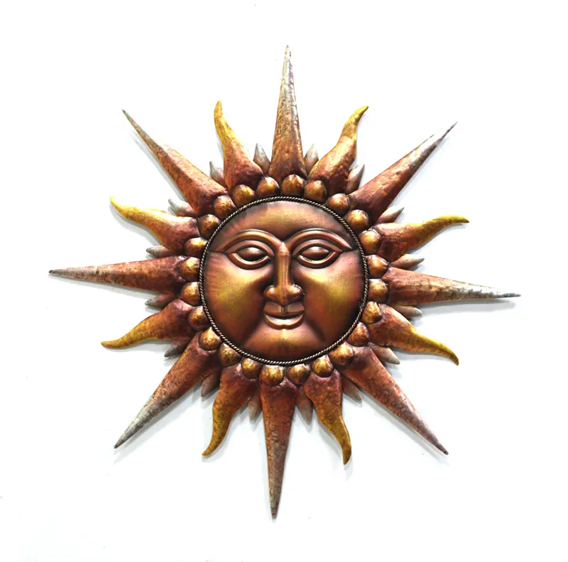 เหล็กโลหะดวงอาทิตย์ผนังศิลปะตกแต่งผนังสวนที่มีสีสันน้ำหนักเบาโลหะอาทิตย์ผนังศิลปะ