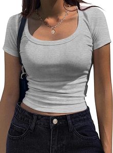 Của Phụ Nữ Ngắn Tay Áo t Áo sơ mi giản dị mùa hè cơ bản Scoop cổ áo mỏng phù hợp với xương sườn đan kinh doanh làm việc TEE Tops - Product Image 3