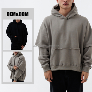 OEM erkek yüksek kaliteli kapüşonlu üst Vintage yıkama Hoodie çift ham kesim katmanlar kollu Streetwear giyim - Product Image 4