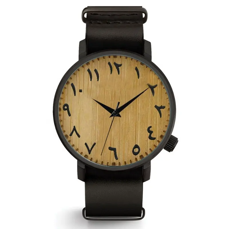 Geen Logo Lichtmetalen Horloge Lederen Band Real Bamboe Hout Wijzerplaat Arabisch Aantal Horloge