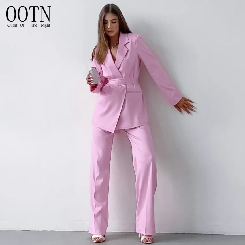 OOTN-Traje rosa de oficina para mujer, traje formal de dos piezas con cordones, traje informal de satén con hombrera