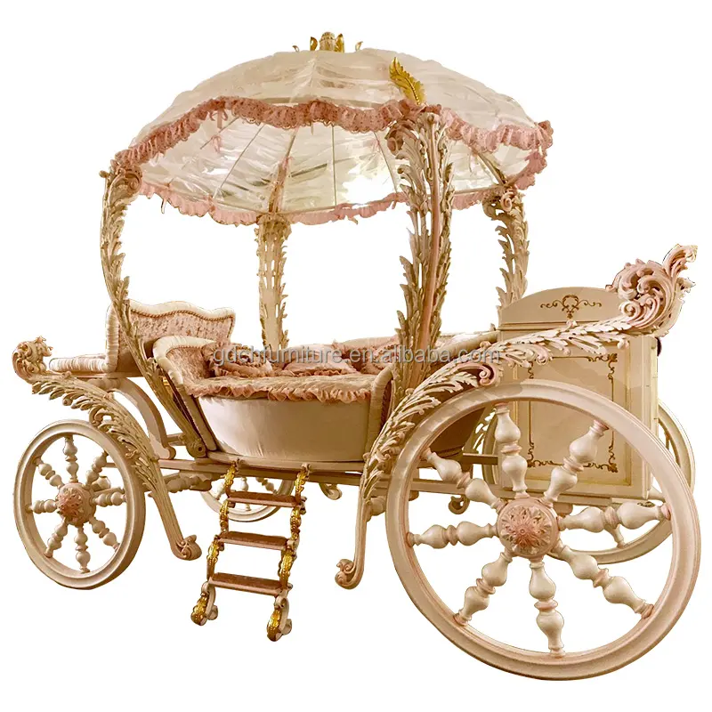 Cama de carro con diseño de calabaza para niños, escalera pequeña de lujo, mueble de madera maciza tallada