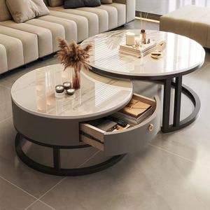 Round <strong>Nesting</strong> Coffee <strong>Table</strong> Set with Drawer Cocktail <strong>Table</strong> with Metal Frame <strong>End</strong> <strong>Table</strong> for Living Room Bedroom Balcony Small Space - Product Image 1
